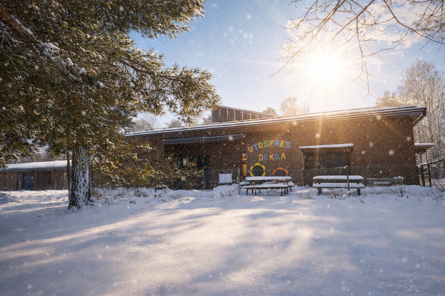 Enögla förskolas fasad med trä och glas i kvällssol